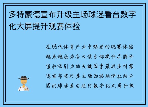 多特蒙德宣布升级主场球迷看台数字化大屏提升观赛体验